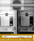 24 Inch Dimmable Black LED Vanity Light For Bathroom Over The Mirror, shown in bright and dim settings in sleek bathroom.