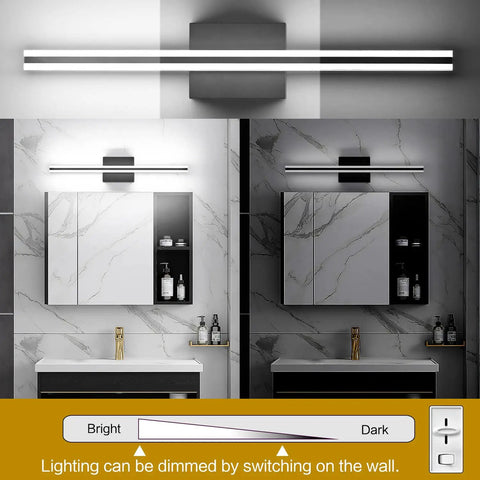 24 Inch Dimmable Black LED Vanity Light For Bathroom Over The Mirror, shown in bright and dim settings in sleek bathroom.
