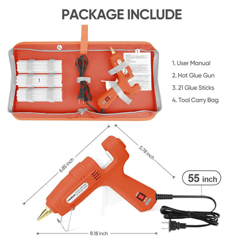 Dual Power Hot Glue Gun With 60W And 100W Settings, Fast Preheat, Heavy Duty Industrial Glue Gun With 21 Glue Sticks And Storage Case, Bright Orange shown with manual and power cord