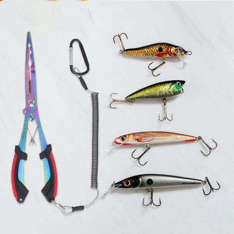 Multifunctional long-nose fishing pliers with sheath and lanyard, stainless steel, shown with four fishing lures