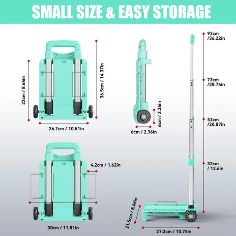Ultra Compact Folding Hand Truck Dolly With Tank Wheels And Expandable Base Plate And Elastic Rope dimensions displayed