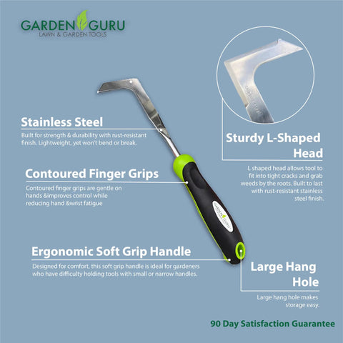 Crack Weeder Tool with ergonomic handle, showing stainless steel L-shaped head and soft grip for patios and driveways