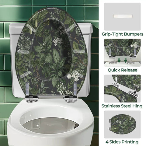 Elongated Resin Toilet Seat for Bathroom with floral design, quick release feature, and stainless steel hinge.