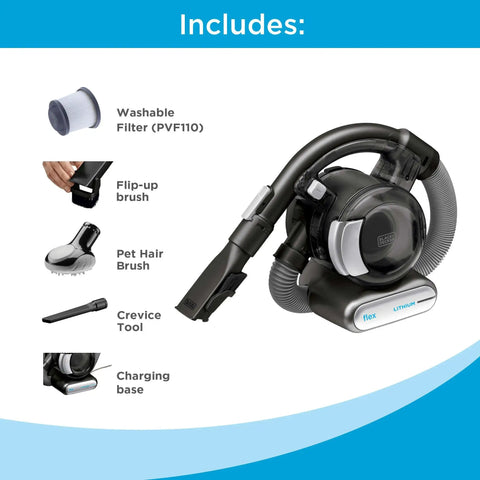 Dustbuster Flex Cordless Handheld Vacuum For Home Pet And Car Cleaning, 20V Max Battery, shown with attachments and charger.