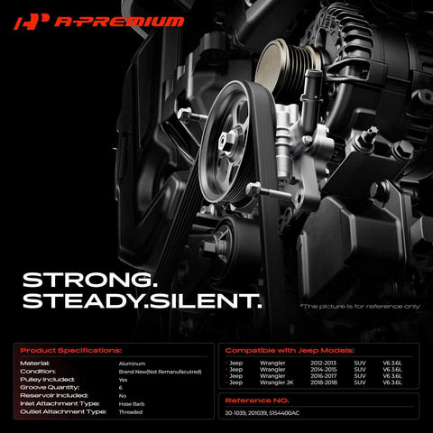 Power Steering Pump With Pulley For Jeep Wrangler 2012 2017 And 2018 JK 3.6L Gas V6 Replace 5154400AC installed view