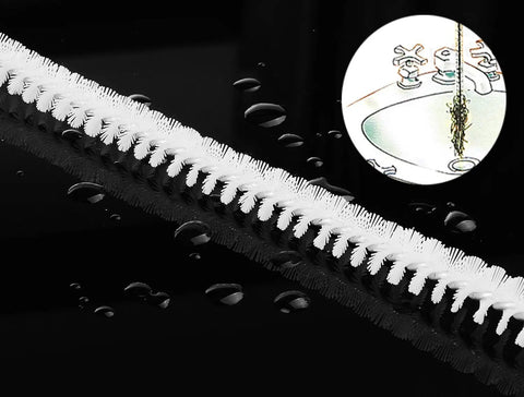 Close-up of Sink Drain Overflow Cleaning Brush 17.7 Inch Long Flexible Hair Catcher with spiral bristles, black background.