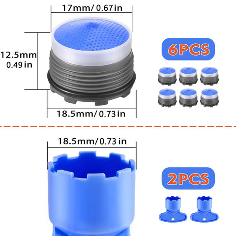 Dimensions of the M18.5 Faucet Aerator Replacement Kit, 6 Pack Sink Faucet Flow Restrictors With Key Wrench Tool shown.