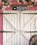 Farmhouse Style Chicken Coop Sign Metal Tin Outdoor Hen House Decor Last One In Is a Rotten Egg on white barn door