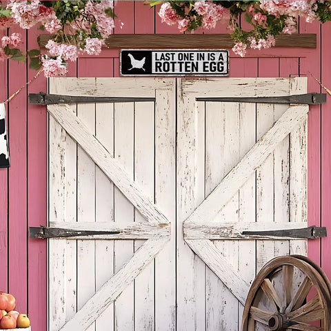 Farmhouse Style Chicken Coop Sign Metal Tin Outdoor Hen House Decor Last One In Is a Rotten Egg on white barn door