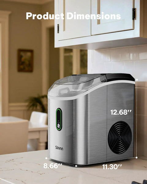 Snappy Countertop Nugget Ice Maker With SelfClean Tech Cranks Out 36 Pounds Of Chewable Sonic Pellet Ice Daily, compact dimensions displayed.