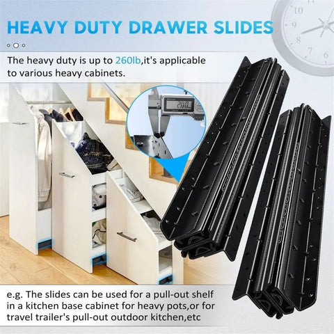 Built Tough Heavy Duty Full Extension Drawer Slides Black 40 Inch Pair, showing black steel slides for cabinets.