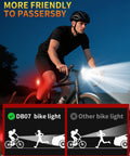Cyclist using Bright USB C Rechargeable Bike Light Set for Night Riding with front headlight and rear taillight comparison