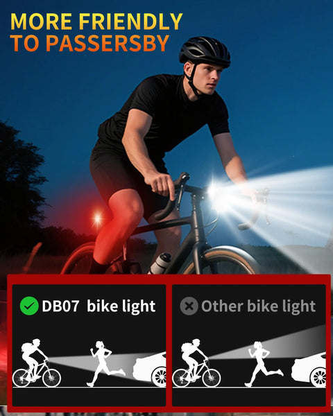Cyclist using Bright USB C Rechargeable Bike Light Set for Night Riding with front headlight and rear taillight comparison