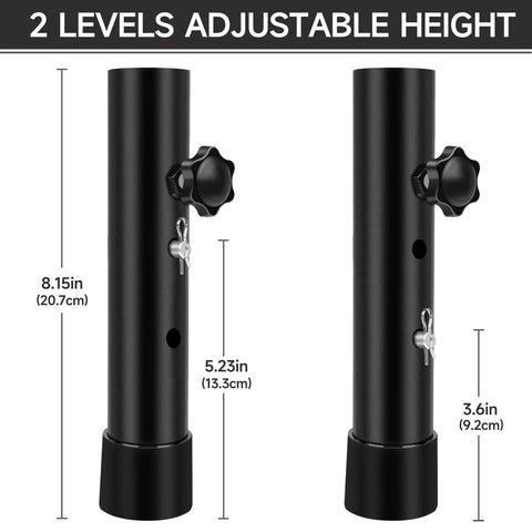 4 Pack Folding Table Leg Extenders for Adjustable Desk Height with 3.6in and 5.2in heights, showing black steel risers