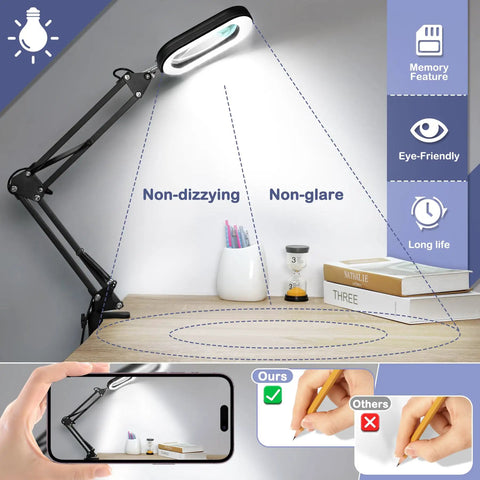 10X Square Magnifying Glass With Light And Stand Real Glass LED Magnifier on desk, showing non-dizzying and non-glare features