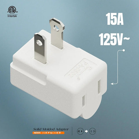 Right Angle Nema 1-15P To Nema 1-15R Power Adapter Vertical Down Angled 2 Prong 15 Amp 125 Volt ETL Certified