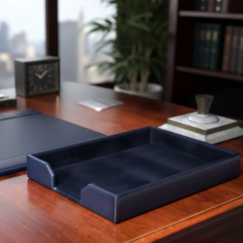 Bonded Leather Desktop Letter Tray Organizer Navy Blue on executive desk, 13.5 x 10.5 x 2 inches, office paper holder