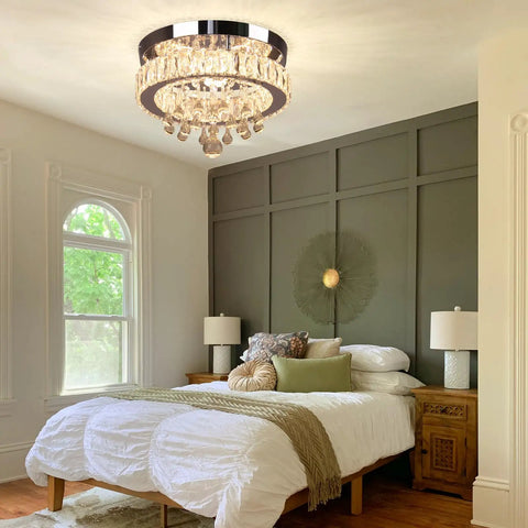 Small Crystal Chandelier LED Ceiling Light Flush Mount for Dining Room, Bedroom and Hallway 11.8 Inch 25W Warm White Glow