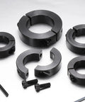 4 Pack Double Split Shaft Collars 45mm Bore 73mm Outer Diameter 19mm Thick Black Oxide Locking Clamps With Set Screws Made From 1045 Steel Built Tough, shown with assembly tools.