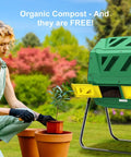 Dual Chamber 43 Gallon Compost Tumbler Bin With Aeration Paddles For Faster Smell Free Backyard Composting Bundled With Pearsons Gardening Gloves For Easy Mess Free Setup In Any Yard with woman planting