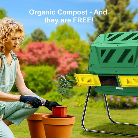 Dual Chamber 43 Gallon Compost Tumbler Bin With Aeration Paddles For Faster Smell Free Backyard Composting Bundled With Pearsons Gardening Gloves For Easy Mess Free Setup In Any Yard with woman planting