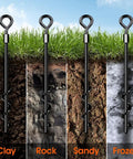 Beefy Heavy Duty Screw In Ground Anchors For Trampolines And Tents in clay, rock, sandy, frozen soil types, anti rust black coating.