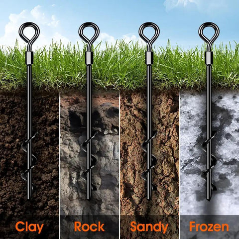 Beefy Heavy Duty Screw In Ground Anchors For Trampolines And Tents in clay, rock, sandy, frozen soil types, anti rust black coating.