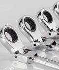 Close-up of chrome vanadium flexible ratcheting wrench heads from 12-piece 8 to 19mm metric spanner gear ring kit.