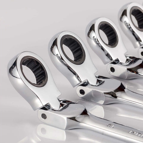 Close-up of chrome vanadium flexible ratcheting wrench heads from 12-piece 8 to 19mm metric spanner gear ring kit.
