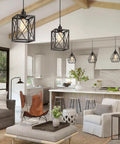 Sleek Black Square Pendant Light With Adjustable Cord Modern Nordic Ceiling Fixture For Kitchen Island above cozy living area.