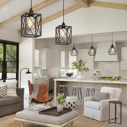 Sleek Black Square Pendant Light With Adjustable Cord Modern Nordic Ceiling Fixture For Kitchen Island above cozy living area.