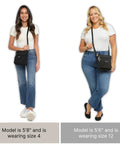 Two women wearing the Pocket Crossbody Bag For Women, Lightweight Durable Nylon, Water Resistant Travel Purse With RFID Wristlet, Compact 8x8 Inch Size, 9 Oz, On The Go Everyday Carry, Slim Yet Roomy, Ideal For Errands And Trips.