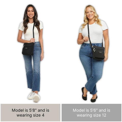 Two women wearing the Pocket Crossbody Bag For Women, Lightweight Durable Nylon, Water Resistant Travel Purse With RFID Wristlet, Compact 8x8 Inch Size, 9 Oz, On The Go Everyday Carry, Slim Yet Roomy, Ideal For Errands And Trips.