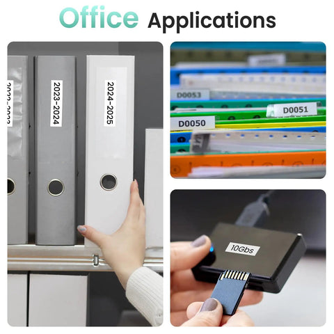 Bluetooth Label Maker With Tape P12 Small Thermal Printer labels on binders, office cables, and storage, ideal for organization.