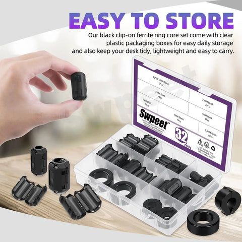 Clip On Ferrite Ring Core Kit With Toroid Core, 32 pieces in 7 sizes, plastic storage box with various EMI RFI noise suppressors.