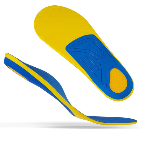 All Day Comfort Arch Support Insoles For Plantar Fasciitis, High Arch Foot Inserts visible in yellow and blue side view