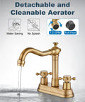 Antique Brass 4 Inch Centerset Bathroom Faucet With Two Cross Handles Retro RV Style Mixer Tap For 3 Hole Basins Vanity Lavatory Includes Hoses And Pop Up Drain with water flow demonstration and aerator features