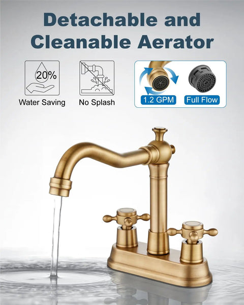 Antique Brass 4 Inch Centerset Bathroom Faucet With Two Cross Handles Retro RV Style Mixer Tap For 3 Hole Basins Vanity Lavatory Includes Hoses And Pop Up Drain with water flow demonstration and aerator features