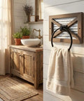 Rustic Farmhouse Towel Holder For Bathroom Wall Mounted Rack With Galvanized Metal Ring, weathered wood and metal decor in bathroom