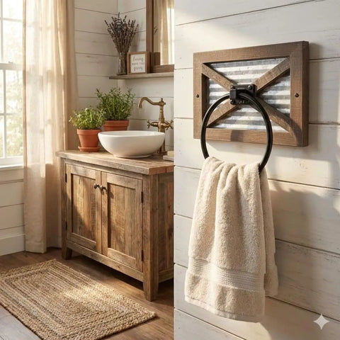 Rustic Farmhouse Towel Holder For Bathroom Wall Mounted Rack With Galvanized Metal Ring, weathered wood and metal decor in bathroom