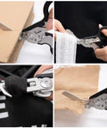 Emergency Response Shears Set With Stainless Steel Foldable Rescue Scissors cutting cardboard, cloth, and rope close-up view.