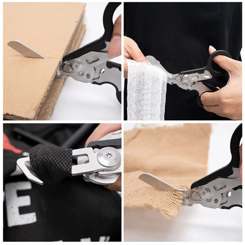 Emergency Response Shears Set With Stainless Steel Foldable Rescue Scissors cutting cardboard, cloth, and rope close-up view.