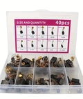 Industrial Electric Motor Brush Set Pro Grade 40 Pcs In 10 Sizes Copper Alloyed Carbon Brushes in plastic case with compartments.