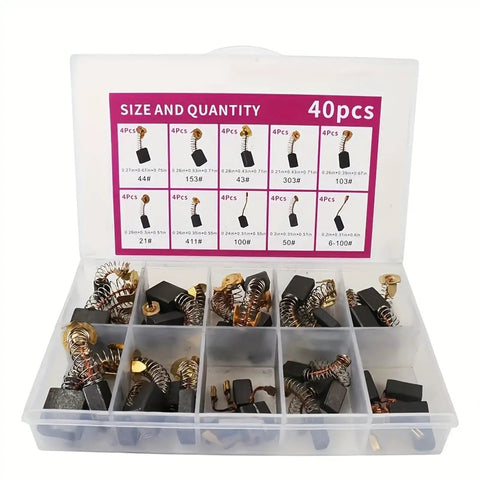 Industrial Electric Motor Brush Set Pro Grade 40 Pcs In 10 Sizes Copper Alloyed Carbon Brushes in plastic case with compartments.