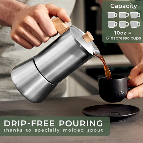 Stainless Steel Moka Pot 10oz With Oak Wood Handle Toxic Free No Junk Plastic No Aluminum Brew For Stovetop Espresso Maker Induction Ready Italian Style Coffee Maker being poured into a cup.