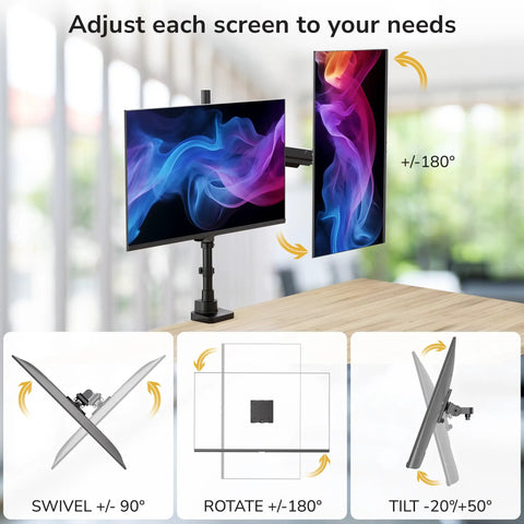 Rock Solid Dual Monitor Desk Mount Designed For Ultrawide Screens With Smooth Gas Spring Arms Height Adjustable Pole Base Vesa 75 100 Clamp Or Grommet Badass Workstation Setup showcasing adjustable screens on a desk.