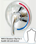 4 Pack Stainless Steel Faucet Retainer Clips For 1222 Compatibility, shown with one-handle tub and shower cartridge replacement tool.
