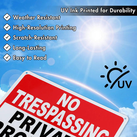 Private Property No Trespassing Signs 10x7 Inch 40 Mil Aluminum Reflective UV Printed weatherproof sign against blue sky