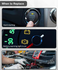 Indicator for when to replace battery, showing engine start button, battery warning light, and electrical system check.
