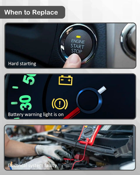 Indicator for when to replace battery, showing engine start button, battery warning light, and electrical system check.